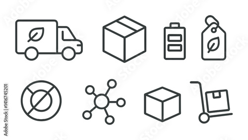 Eco-friendly icons set featuring delivery truck, box, battery, tag, and network elements.