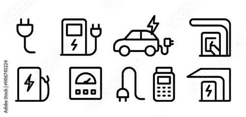 Electric vehicles and charging station icons: energy, cars, and plug symbols.