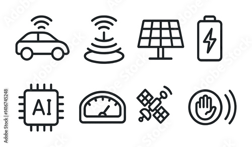 Smart technology icons: autonomous car, ai chip, solar panel, battery, sensor, satellite.