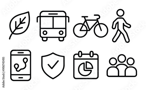 Transportation and activity icons set featuring bus, bicycle, and walking symbols.