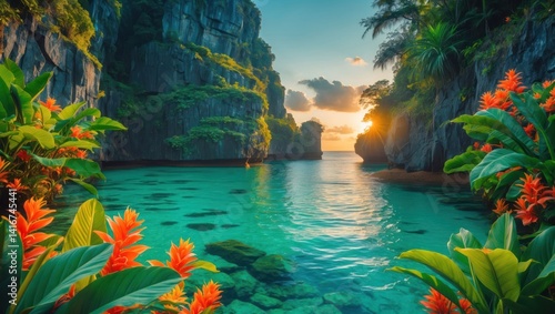 Tropical Island View with Turquoise Water at Sunset