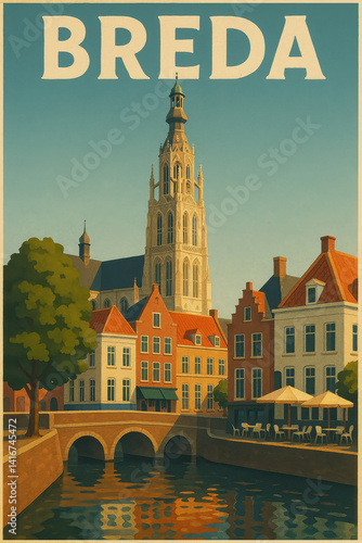 Wallpaper Mural Breda city skyline with historical architecture, canal reflections, vibrant buildings, and summer atmosphere, capturing cultural heritage and urban charm. Torontodigital.ca