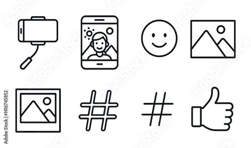 Icon set featuring selfie stick, smiley face, landscape, hashtags, thumbs up.