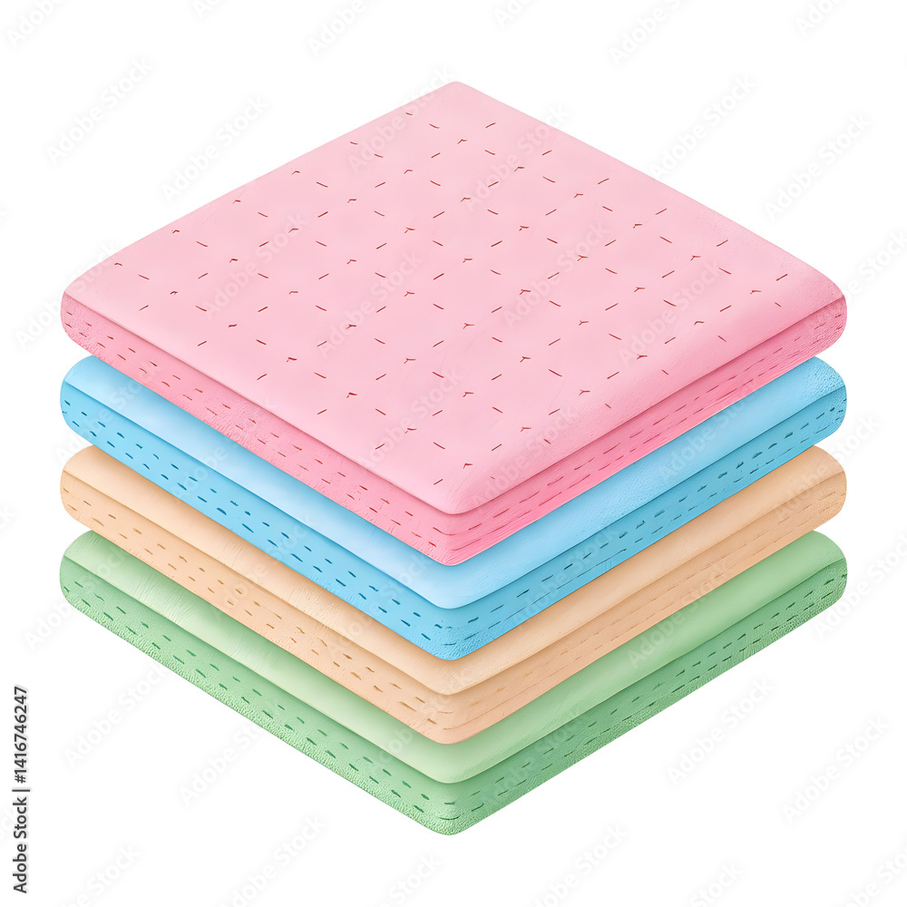 Fototapeta premium Stacked colorful microfiber cleaning cloths pastel colors isolated on transparent background