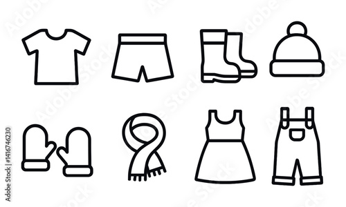 Set of clothing icons including shirt, shorts, boots, hat, mittens, scarf, dress, overalls.