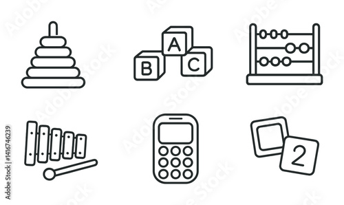 Educational toys and tools icons: stacking rings, abc blocks, abacus, xylophone, calculator, number frames.