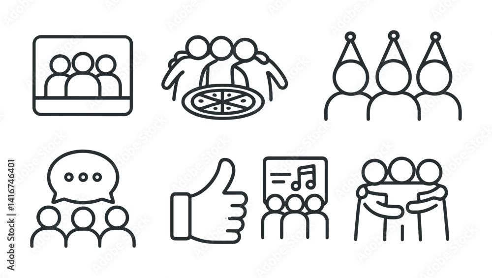 Outline icons of teamwork and social gatherings with simple icons. Outline icons of teamwork and social gatherings with simple icons.