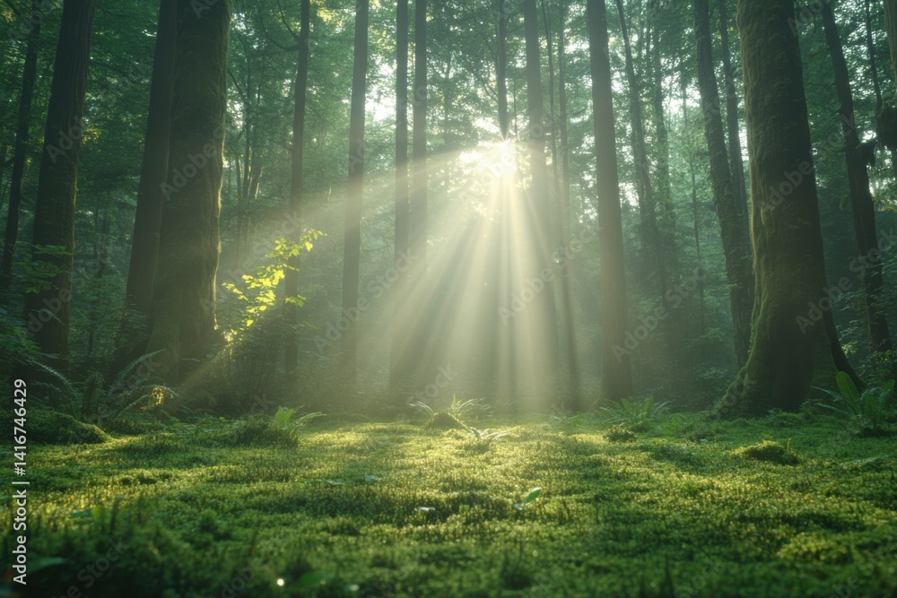 Obraz premium Sunlight filters through trees in a serene forest, illuminating lush green moss and ferns at dawn