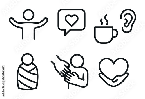 Stick figure icons: communication, comfort, care, and interaction symbols.