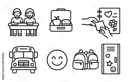 Back to school icons: kids, lunch, notebook, bus, smiley, backpack, locker.