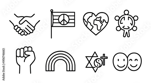 Symbols of peace, unity, and diversity in black and white icon set.