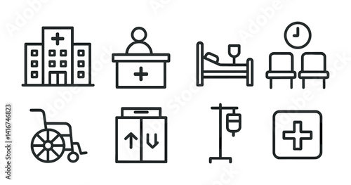 Hospital icons set: reception, bed, waiting, wheelchair, elevator, iv, first aid.
