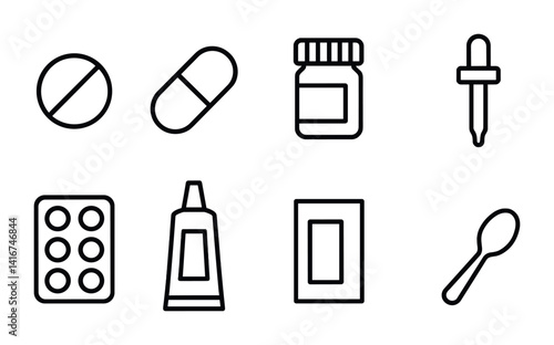 Medical icons set depicting pills, jar, dropper, blister, tube, packet, and spoon.