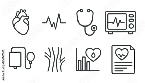 Medical icons set featuring heart, pulse, stethoscope, ecg monitor, iv drip, blood vessels, heart chart.
