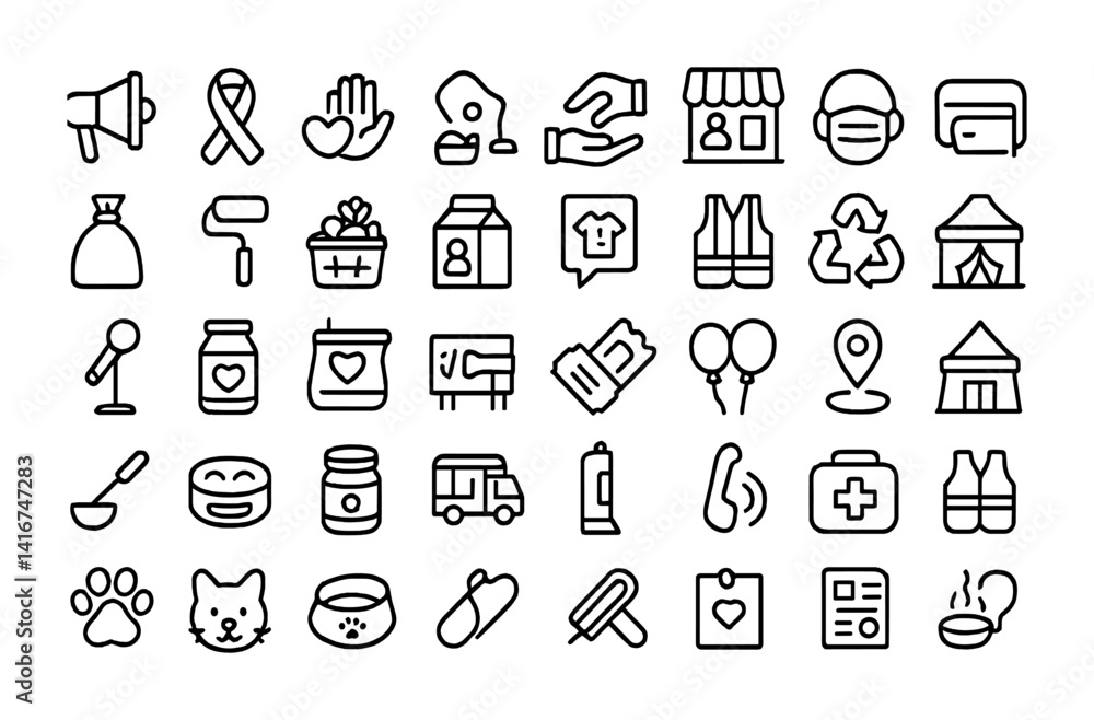 Outline vector icons for shopping, pet care, and safety. Outline vector icons for shopping, pet care, and safety.