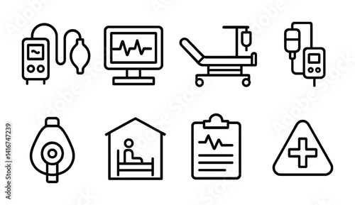 Medical icons set including monitor, bed, iv, mask, hospital, clipboard, health symbols.