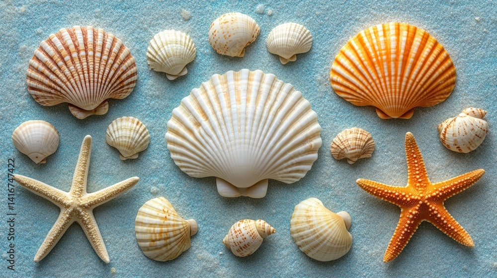 Assorted seashells and starfish on a light blue surface