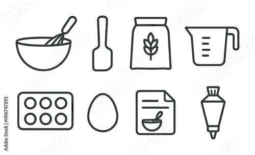 Baking icon set with whisk bowl, measuring cup, egg, and recipe sheet in black outline.