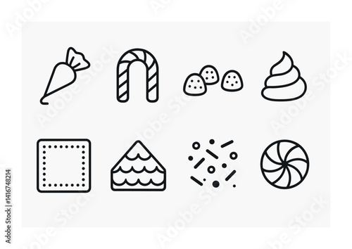 Minimalist candy and bakery icon set: sweet treats and pastry outlines.