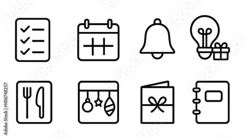 Icon set with calendar, bell, light bulb, dining, holiday decorations, gift box, notebook.
