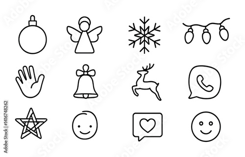 Outline christmas icons set: angel, snowflake, bell, reindeer, star, face.