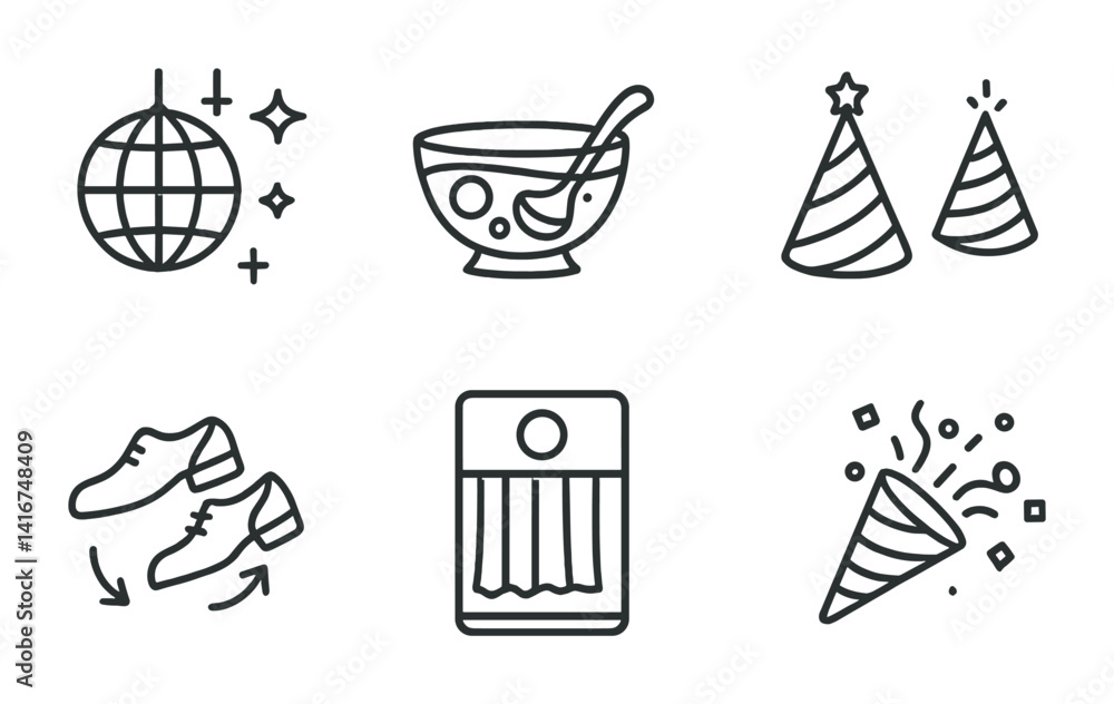 Fototapeta premium Celebration icons featuring disco ball party hats punch bowl dance shoes confetti.