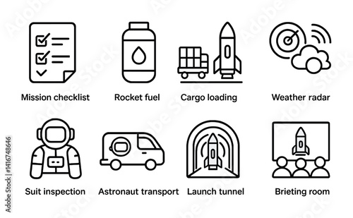 Space mission icons: checklist, rocket fuel, cargo, weather, suit, transport, tunnel, briefing.