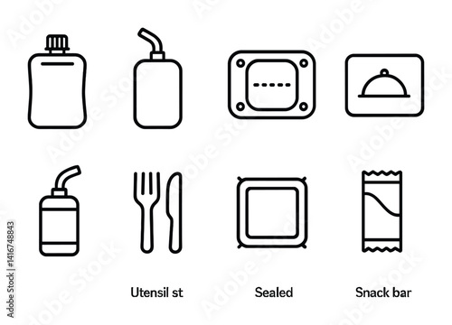 Minimalist icon set: packaging, utensils, sealed containers, snack bars.