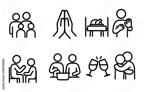 Black icons representing family, prayer, cooking, celebration, and friendship.