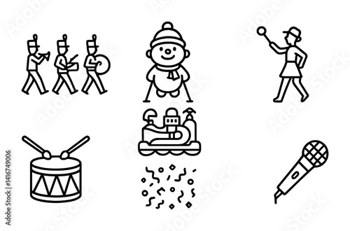 Line art of marching band, ice skating, and music icons in black and white.