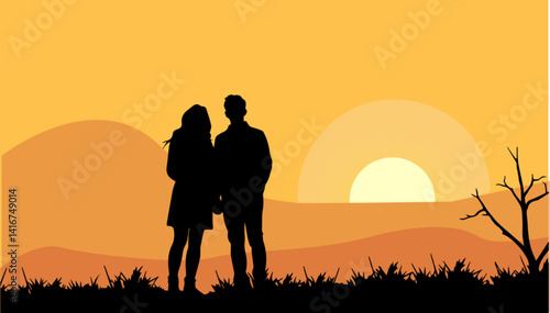 Silhouette couple enjoying sunset against orange background  