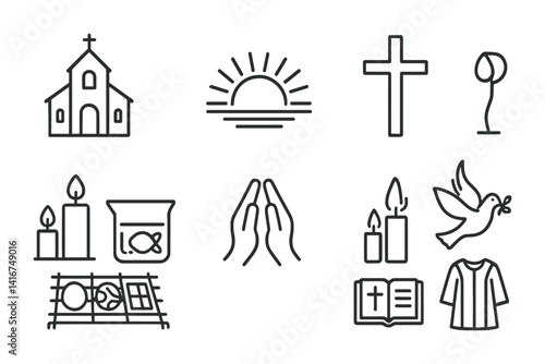 Line art religious symbols with church, cross, candles, dove, and prayer hands.