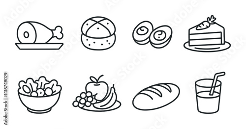 Outline icons of ham, bread, eggs, cake, salad, fruit, loaf, juice.