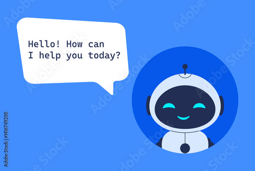 Cute robot assistant asking how it can help. Vector illustration for chatbot, customer support, and artificial intelligence service concept