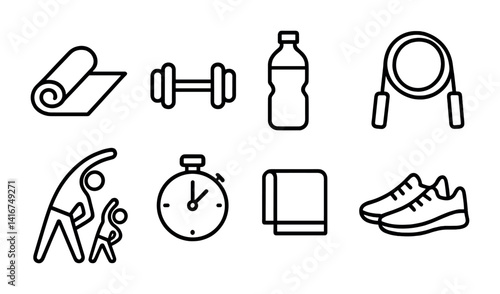 Fitness icons: yoga mat, dumbbell, water bottle, jump rope, stretching, stopwatch, towel, sneakers.