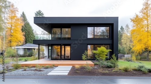 Modern, dark-exterior home with a contemporary design.  Features a large deck, glass windows, and a  minimalist aesthetic