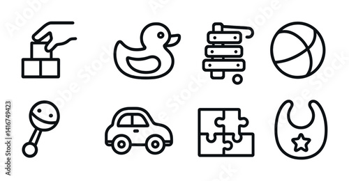 Set of baby toys: blocks, duck, xylophone, ball, rattle, car, puzzle, bib.
