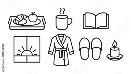 Morning routine icons: breakfast, coffee, relaxation, sunrise, comfort, candlelight.
