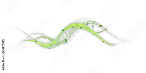 Abstract wind swirls with green leaves and glitter isolated on white background.