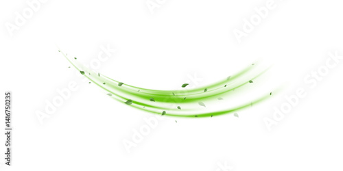 Abstract wind swirls with green leaves and glitter isolated on white background.