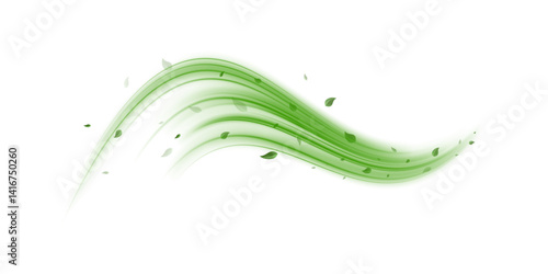 Abstract wind swirls with green leaves and glitter isolated on white background.