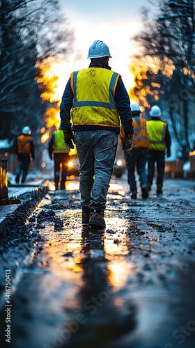Winter construction workers walking on a muddy road.