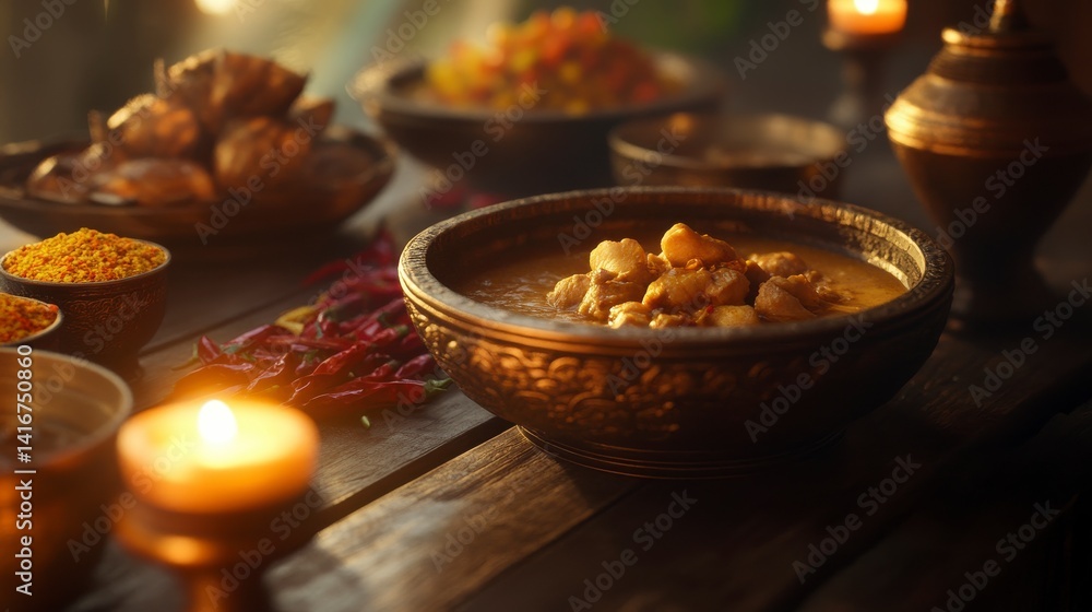 Fototapeta premium Rustic Table Setting with Golden Lighted Stew and Spices