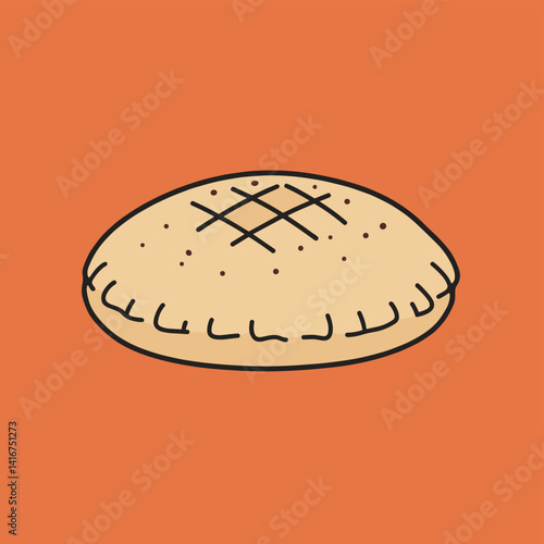 Simple cartoon illustration of a whole baked pie or pastry with a scored crust isolated on an orange background