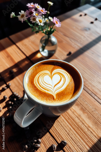 Heart Latte Art on Wooden Table with Flowers