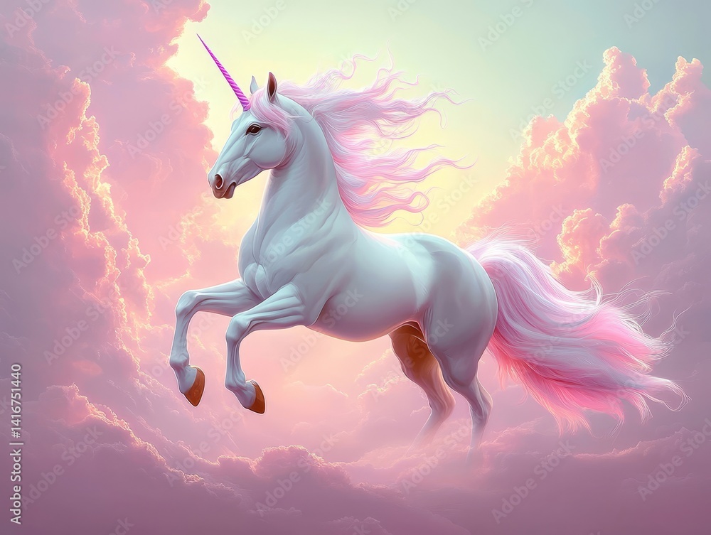 A majestic unicorn with flowing pink mane and tail, against a backdrop of dreamy clouds and soft colors. A majestic unicorn with flowing pink mane and tail, against a backdrop of dreamy clouds and soft colors.