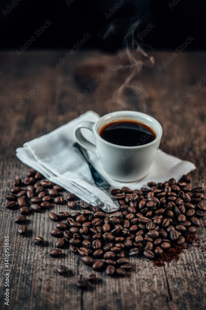 Fototapeta premium Warm Aromatic Coffee on Rustic Wooden Table