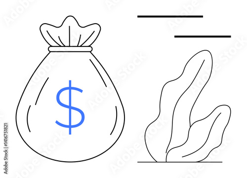 Money bag featuring dollar sign beside minimal abstract shapes representing wealth, finance, and stability. Ideal for finance, savings, investment, economy, budgeting, fintech simple landing page