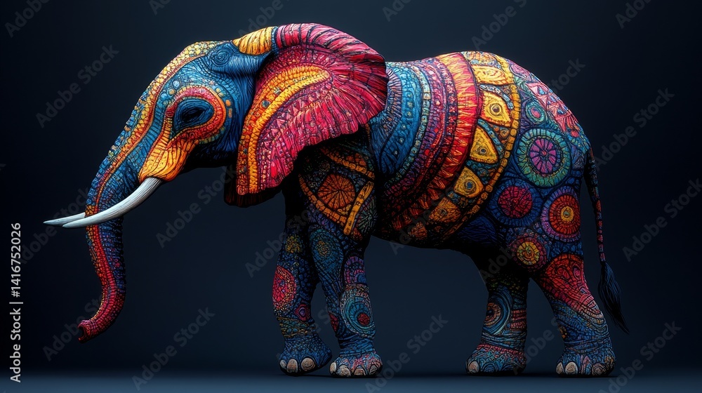 Obraz premium Vibrant elephant artwork featuring intricate multicolored patterns against a dark backdrop capturing attention and sparking curiosity through artistic expression