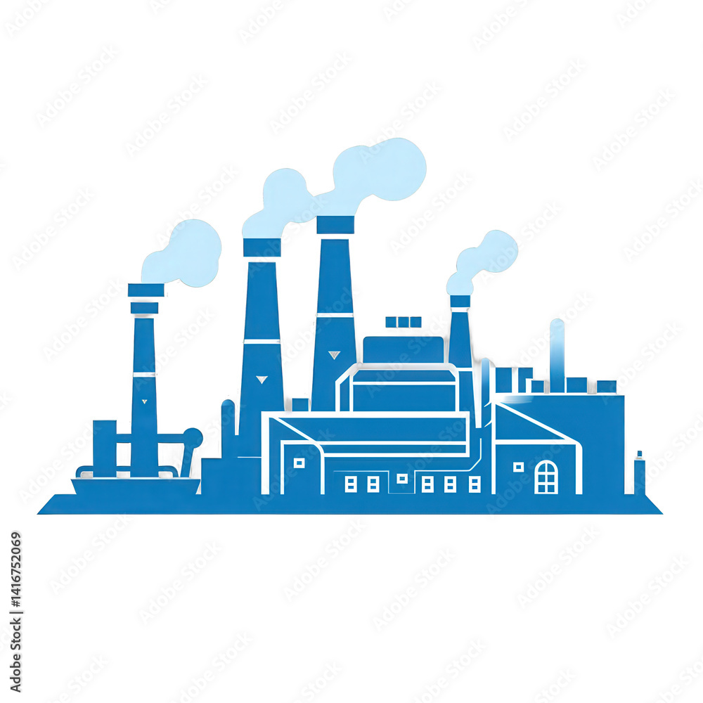 Obraz premium Industrial landscape featuring a blue factory with smokestacks emitting clouds of smoke, set against a clear background, representing manufacturing and pollution , isolated on white or transparent png